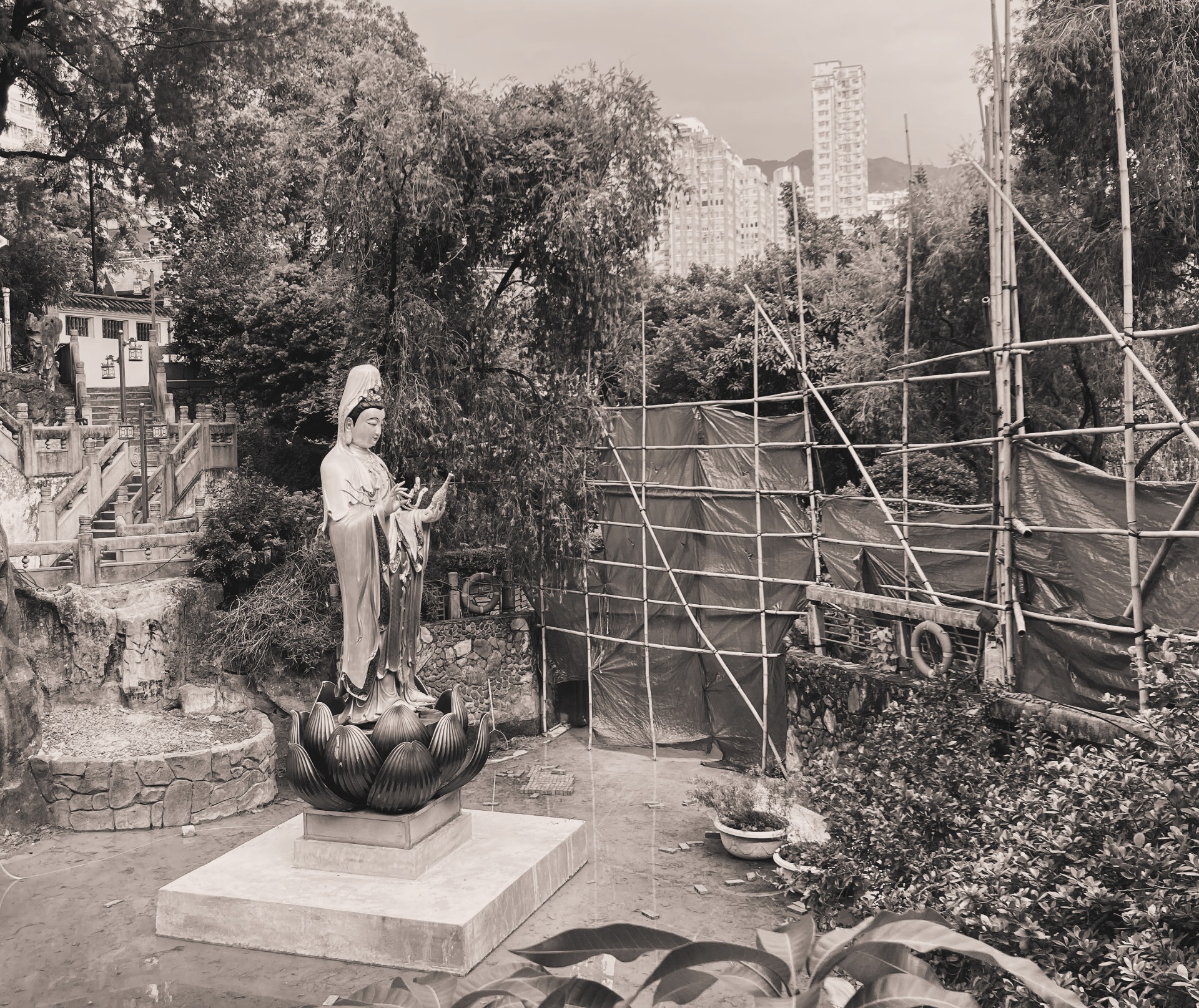 黃大仙廟角落翻修中架設的竹製棚架|圖:古婕伶